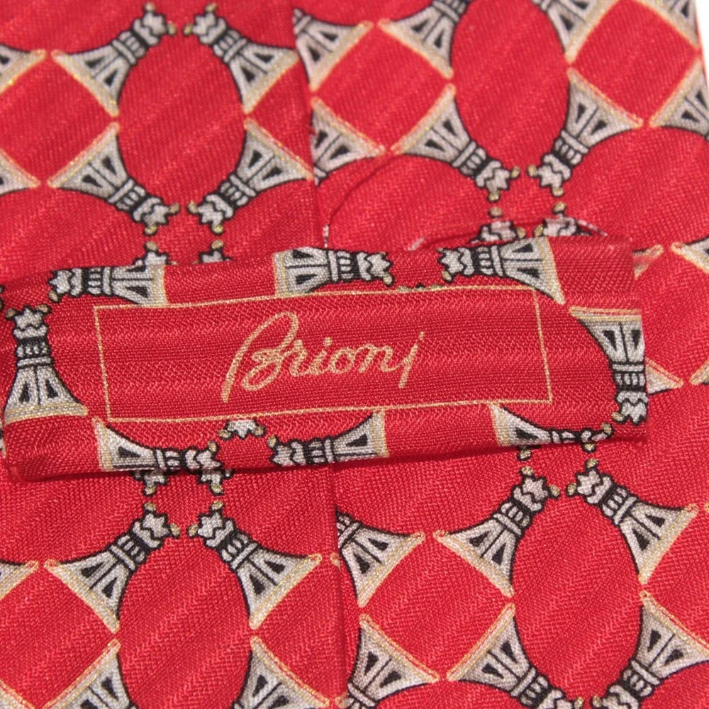 Brioni NWOT Neck Tie in Red / Beige / Black Geometric Print 100% Silk